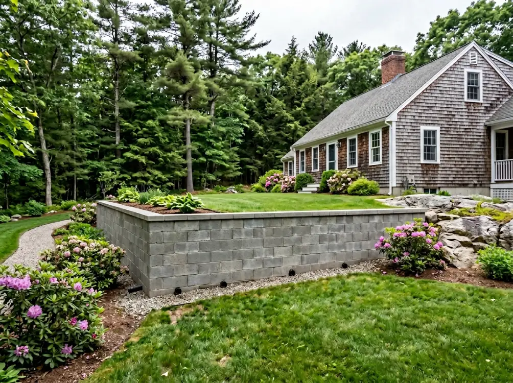 Cinder block retaining wall Cape Cod style home Massachusetts residential property