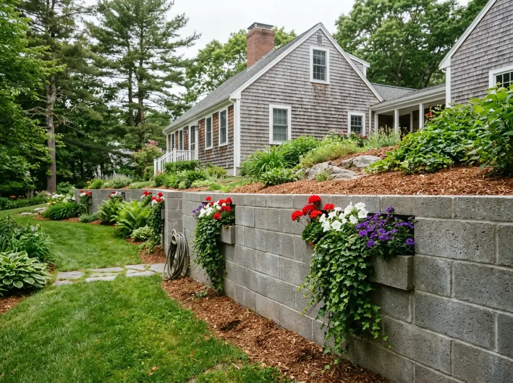 Cinder block retaining wall built-in planters Massachusetts creative garden design