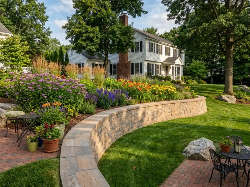 Curved segmental block retaining wall Massachusetts garden design colonial home