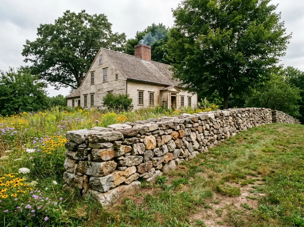 Fieldstone dry stack retaining wall historic Massachusetts colonial property traditional stonework