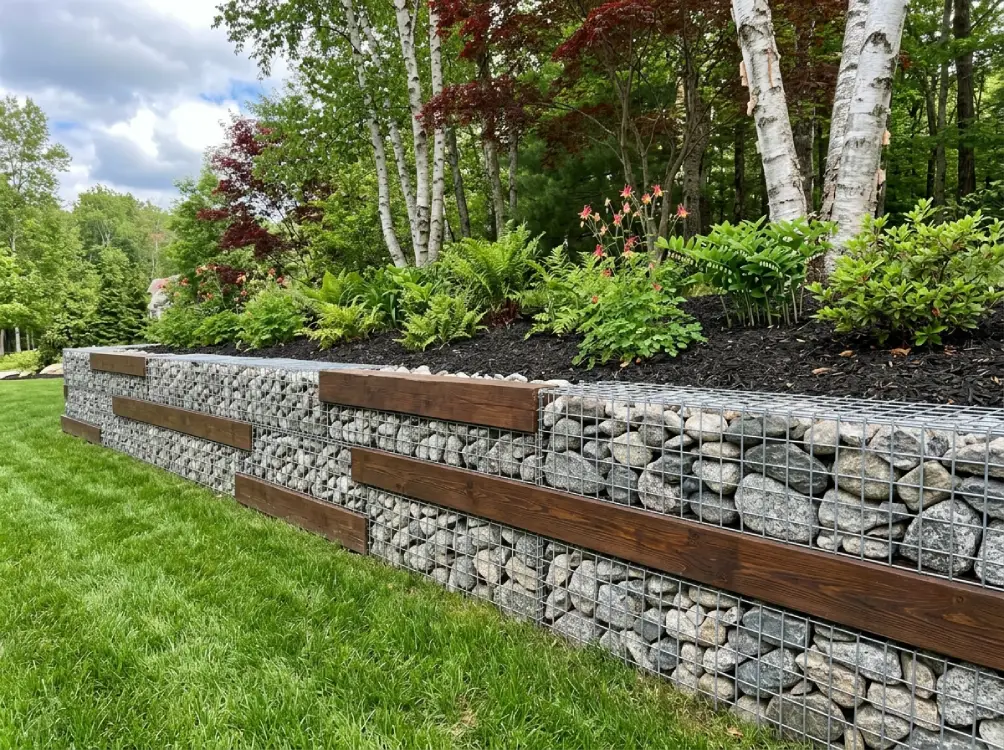 Gabion cage retaining wall wire mesh stone Massachusetts modern landscape architecture