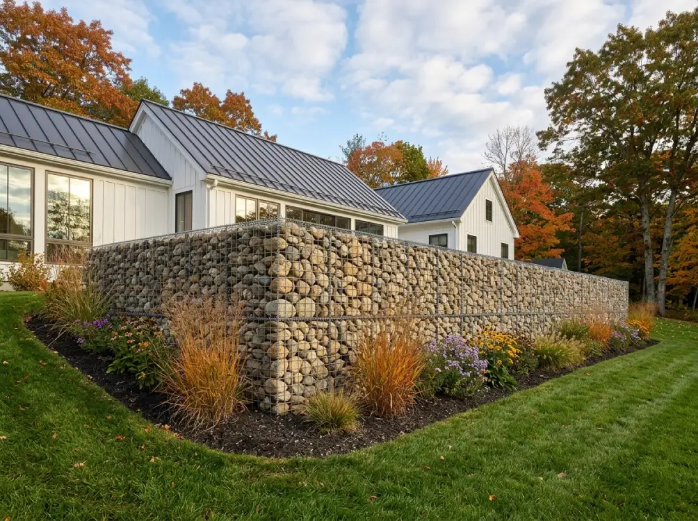 Gabion timber hybrid retaining wall Massachusetts mixed material landscape design