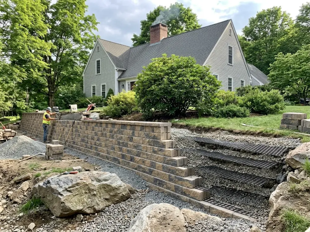 Geogrid reinforced segmental retaining wall Massachusetts engineered landscape construction