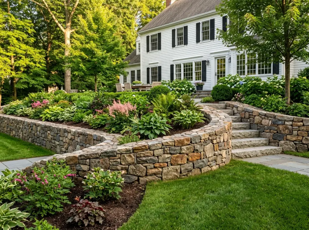 Natural stacked stone retaining wall Massachusetts professional masonry Boston area landscaping