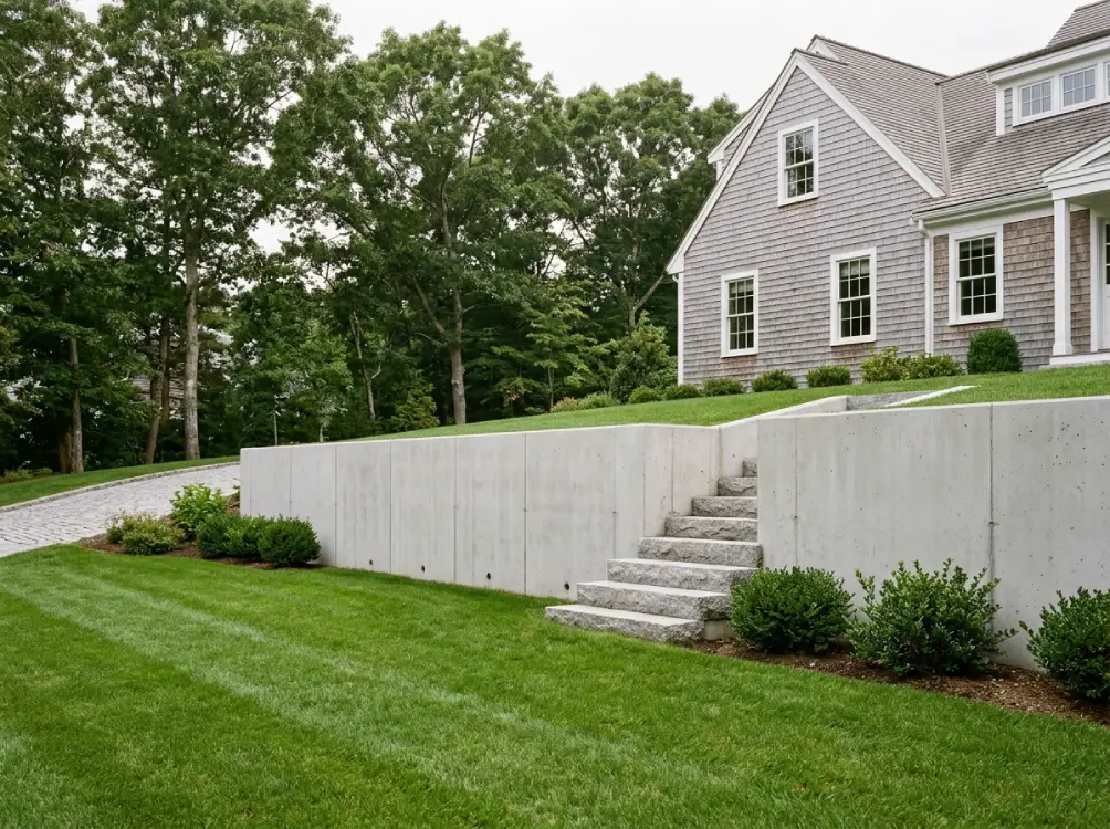 Poured concrete retaining wall Cape Cod home Boston area residential construction