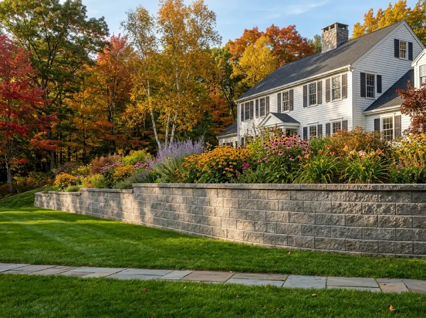 Precast segmental concrete block retaining wall Massachusetts autumn landscape design