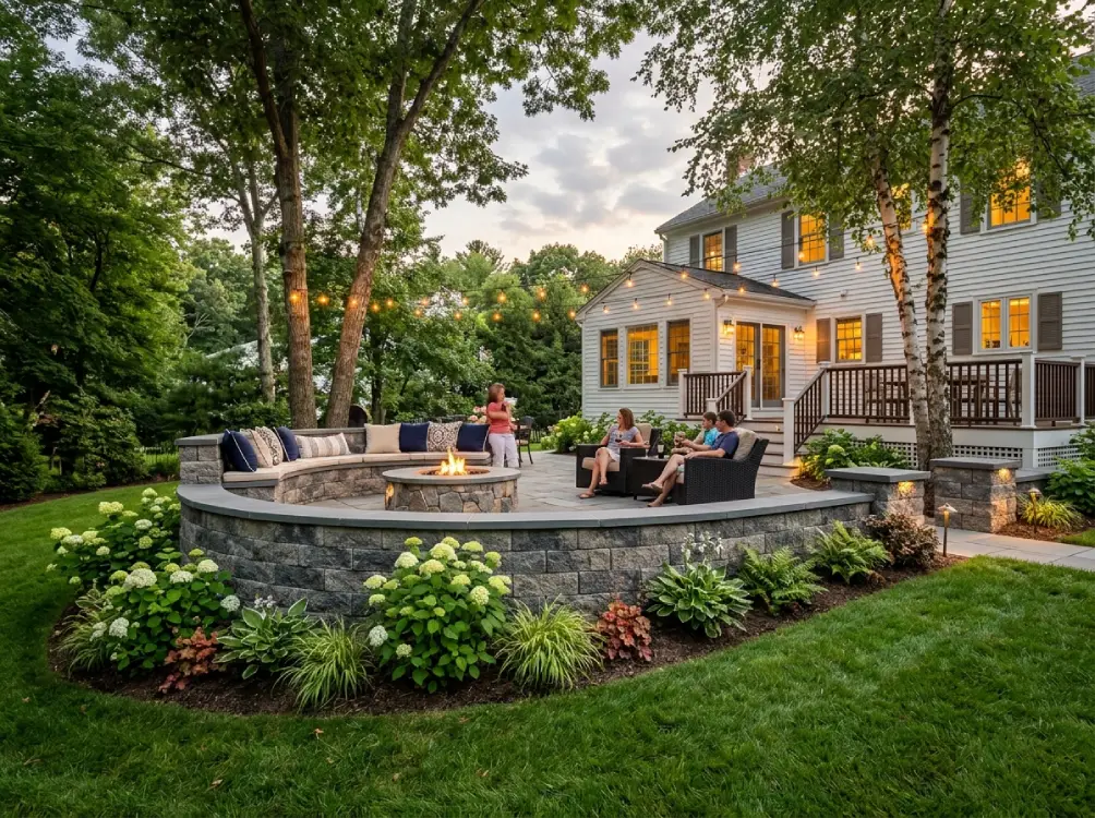 Raised patio segmental retaining wall Massachusetts outdoor living space landscape design