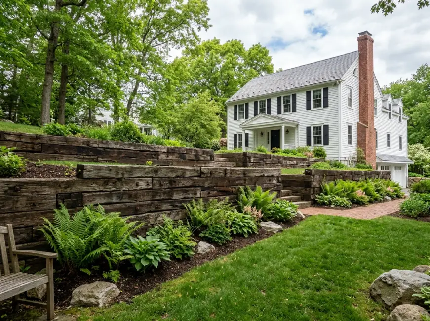 Timber railroad tie retaining wall Massachusetts backyard colonial home landscaping