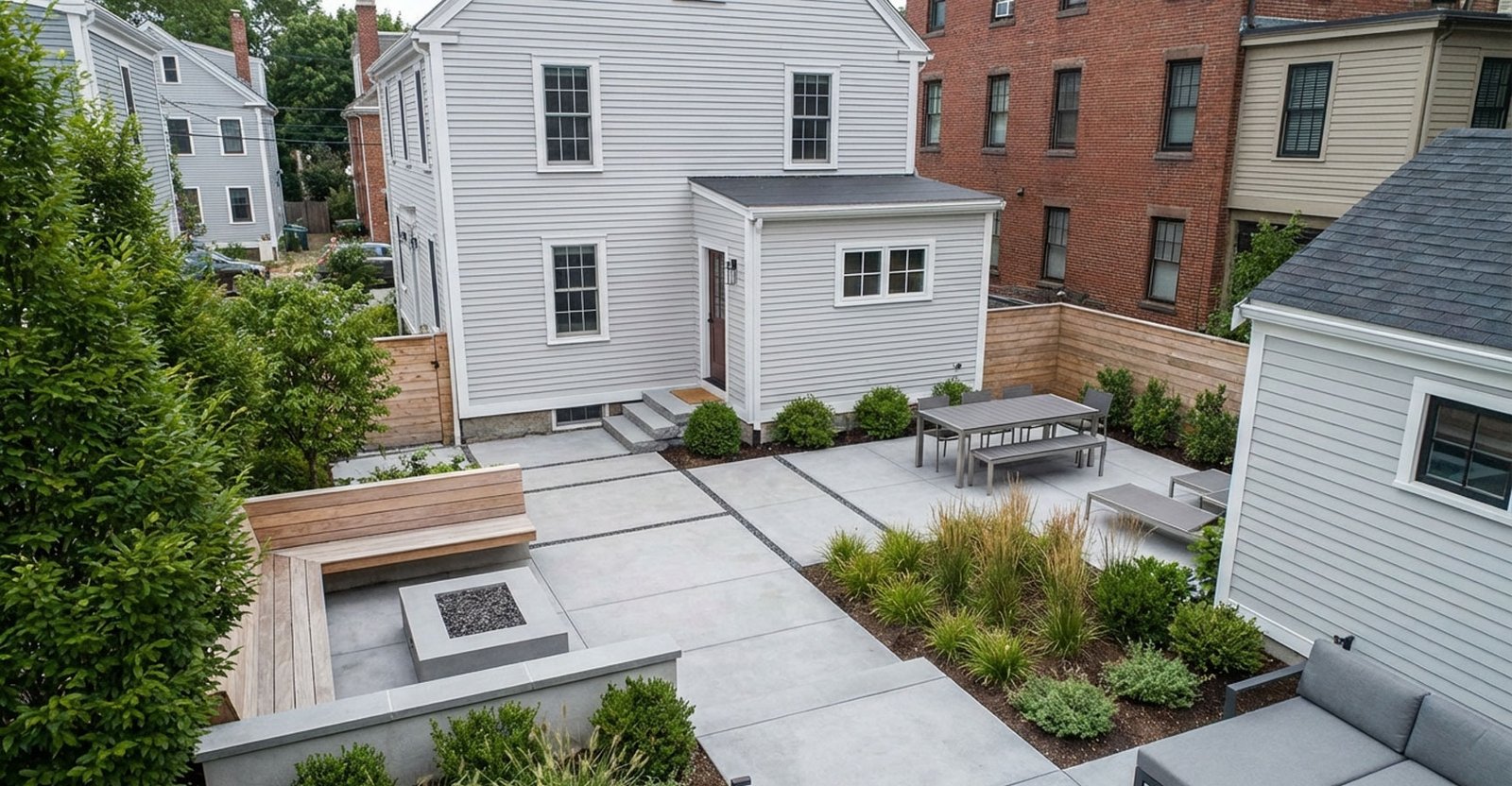 Built-in concrete bench seating in small yards hardscape designs