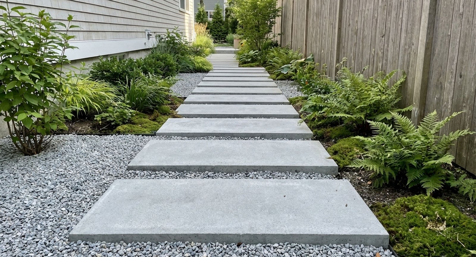 Floating concrete stepping stones in minimalist small backyard design