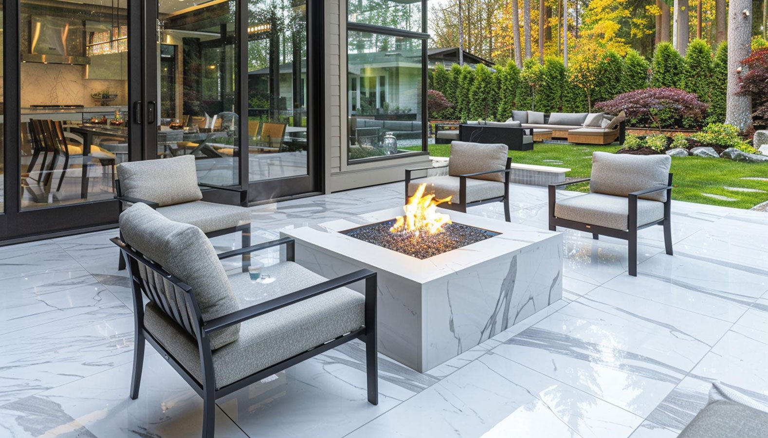 Slim linear fire pit in small backyard patio hardscape