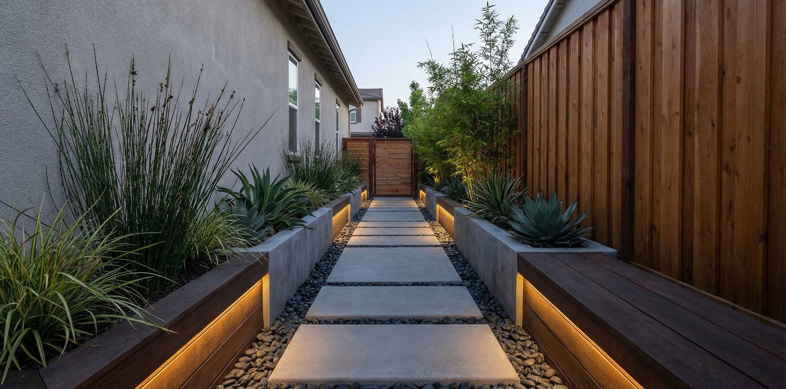 Decorative vertical privacy screen in small yard hardscape design