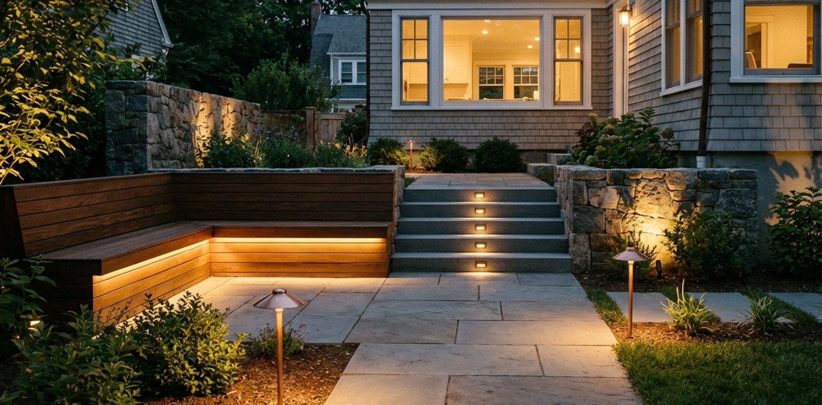Recessed LED lighting in modern small yard patio design