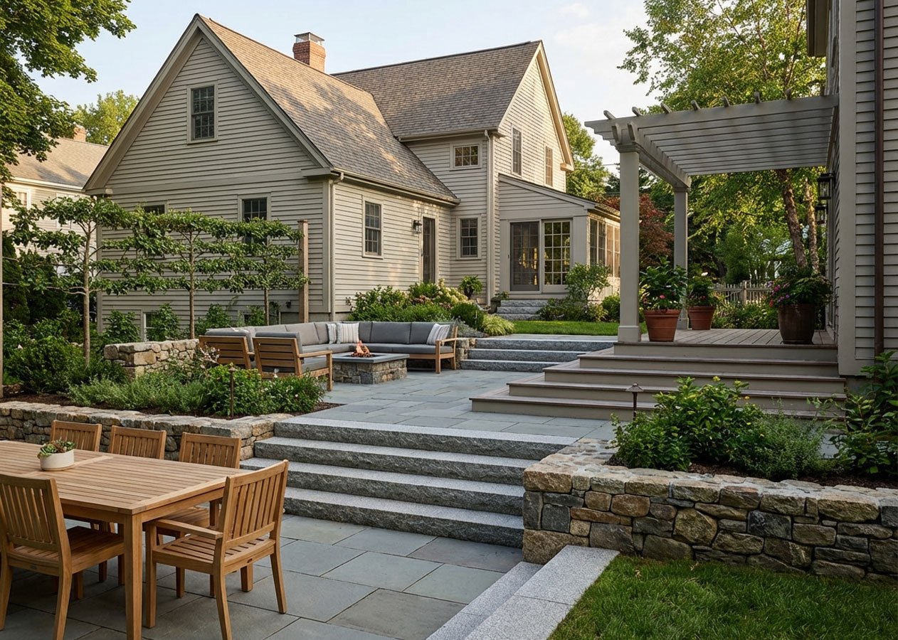 Multi-level patio layout for small backyard hardscape