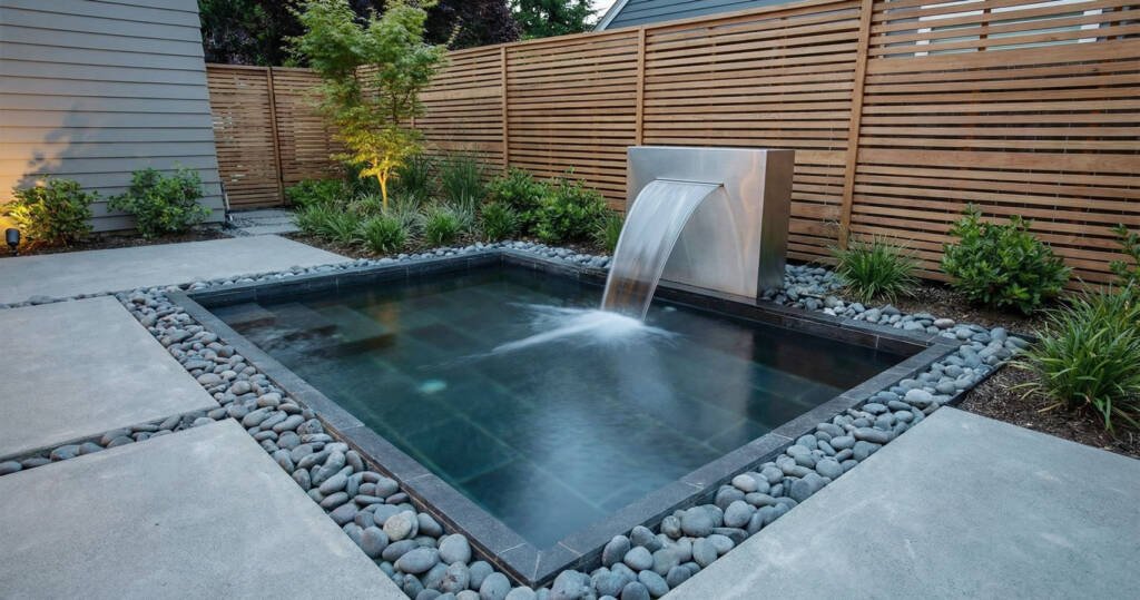 Wall-mounted water feature in modern small yard hardscape