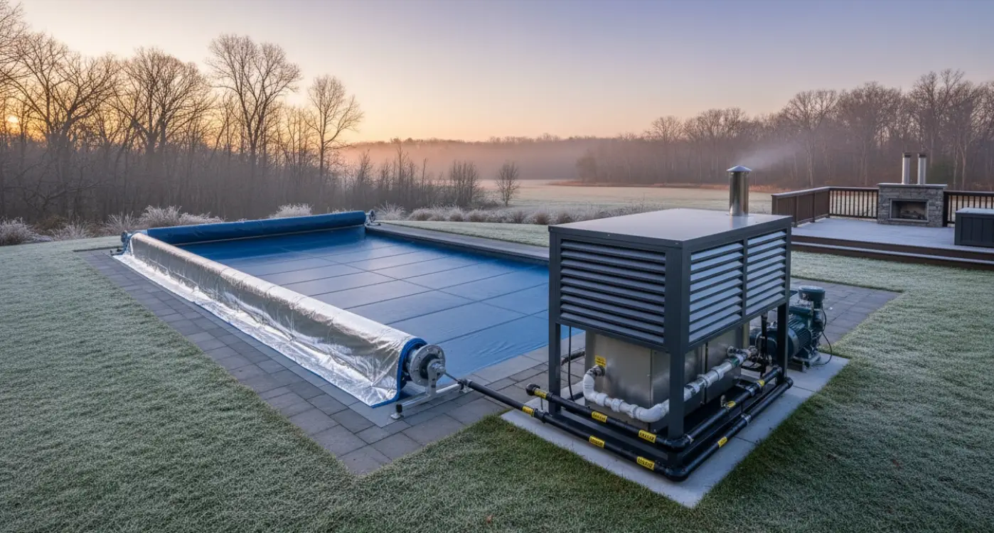 pool with automatic cover and evening lights