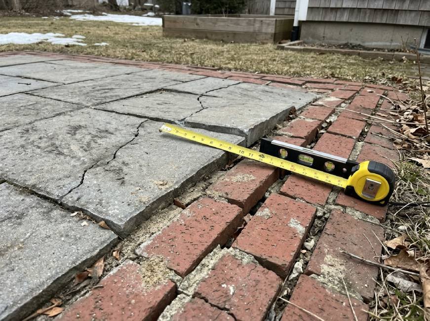Frost heave patio paver damage Massachusetts — spring hardscape repair North Shore MA