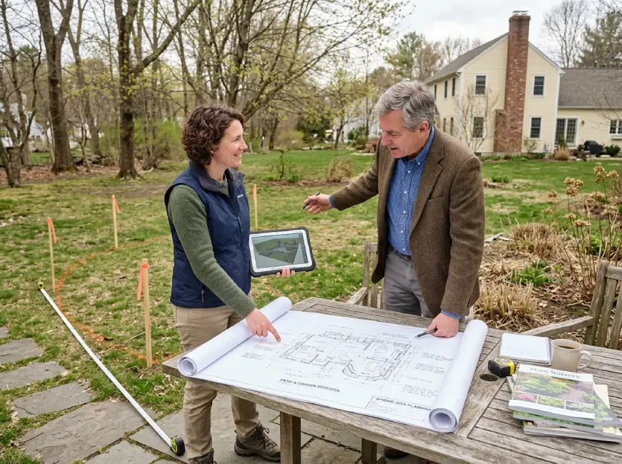 Outdoor living space design and installation Massachusetts — The Pros Inc landscaping North Shore MA spring