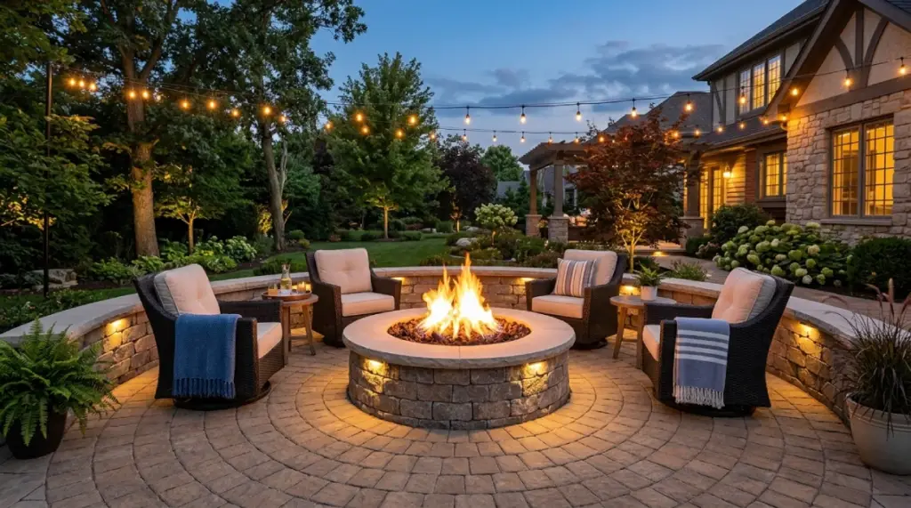 Circular fire pit with stone seating walls and paver patio in Lexington backyard at twilight