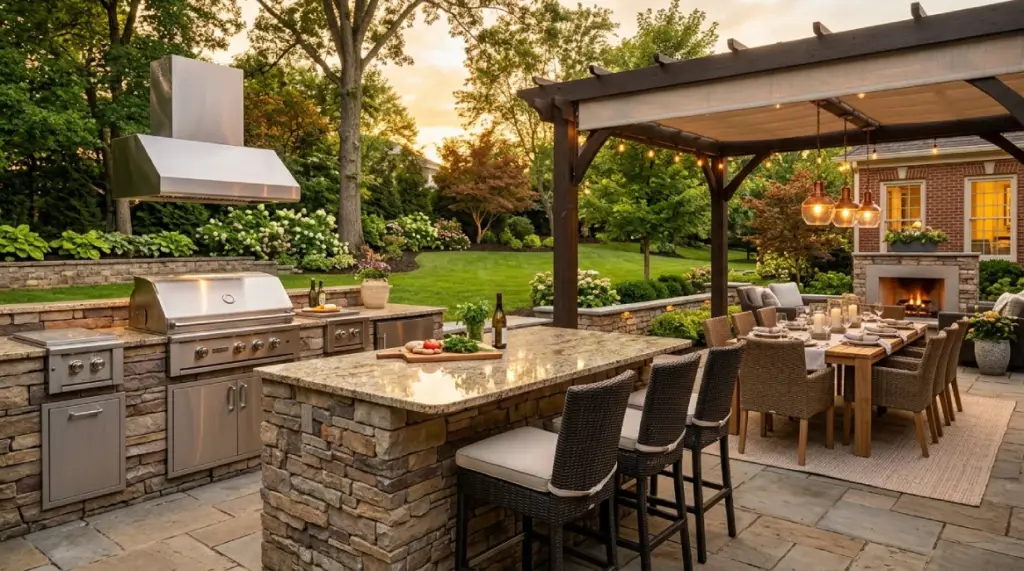 Built-in stainless steel grill island with stone veneer, granite countertops, and paver patio outdoor kitchen