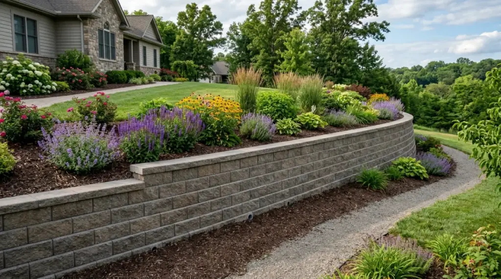 Modular concrete retaining wall with colorful planting beds and expert terraced yard design in Kentucky