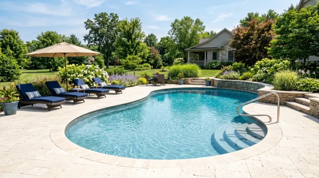 Premium travertine paver pool deck surrounding inground pool with lounge furniture in Kentucky backyard