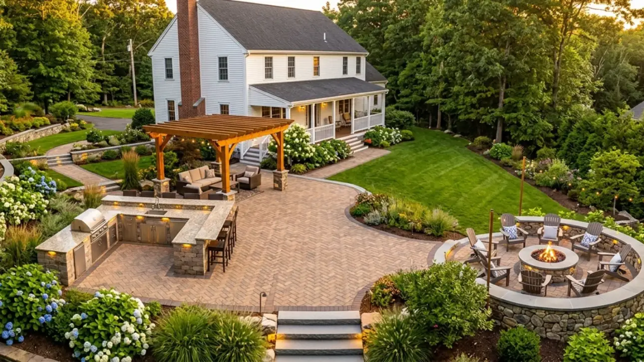 luxury Massachusetts backyard with paver patio, fire pit, retaining walls, outdoor kitchen and pergola