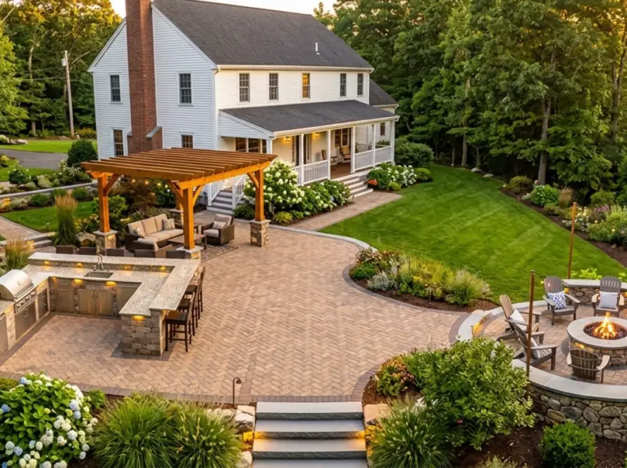 luxury Massachusetts backyard with paver patio, fire pit, retaining walls, outdoor kitchen and pergola