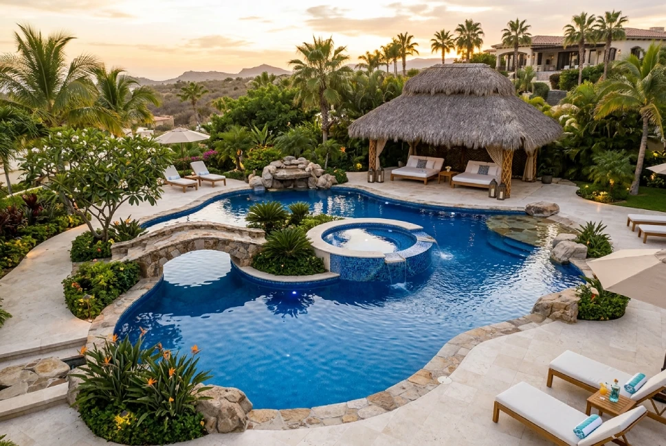 Custom freeform gunite lagoon pool with palapa cabana, resort-style luxury estate