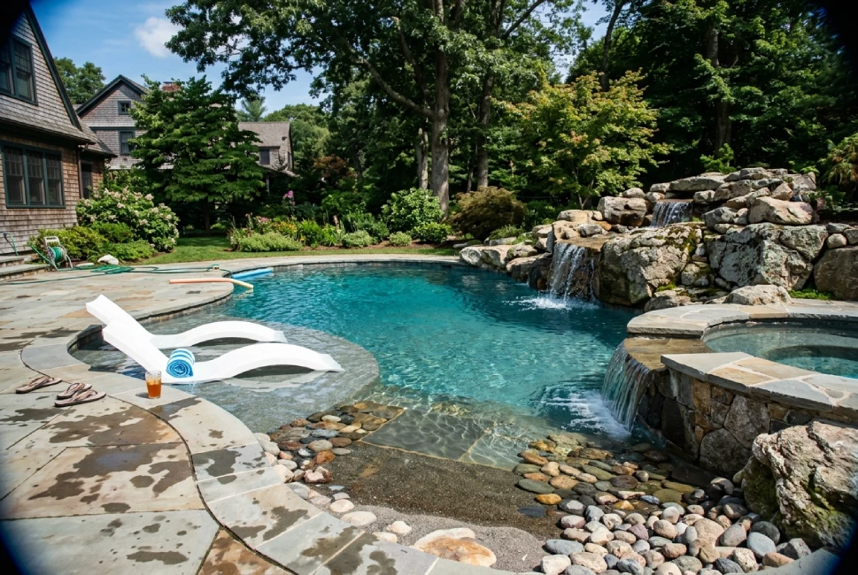 Custom gunite lagoon pool with boulder waterfall and flagstone deck, North Shore MA