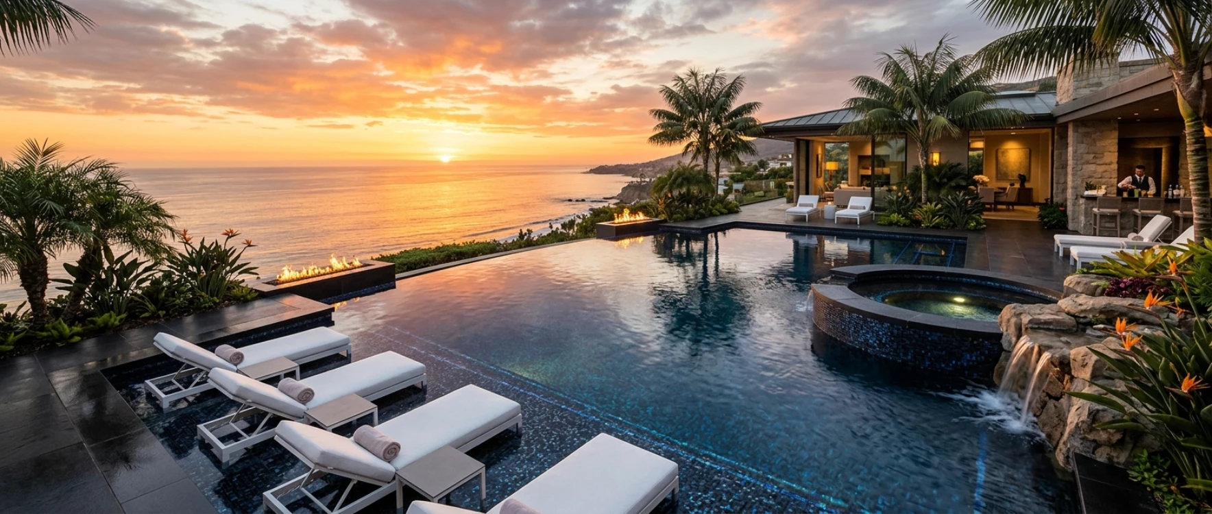 Infinity edge gunite pool overlooking ocean at sunset, coastal luxury