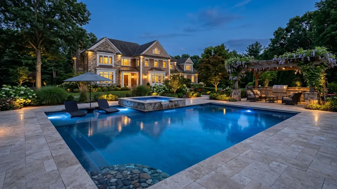 Inground pool cost Massachusetts - Colonial home with bluestone deck and hydrangeas
