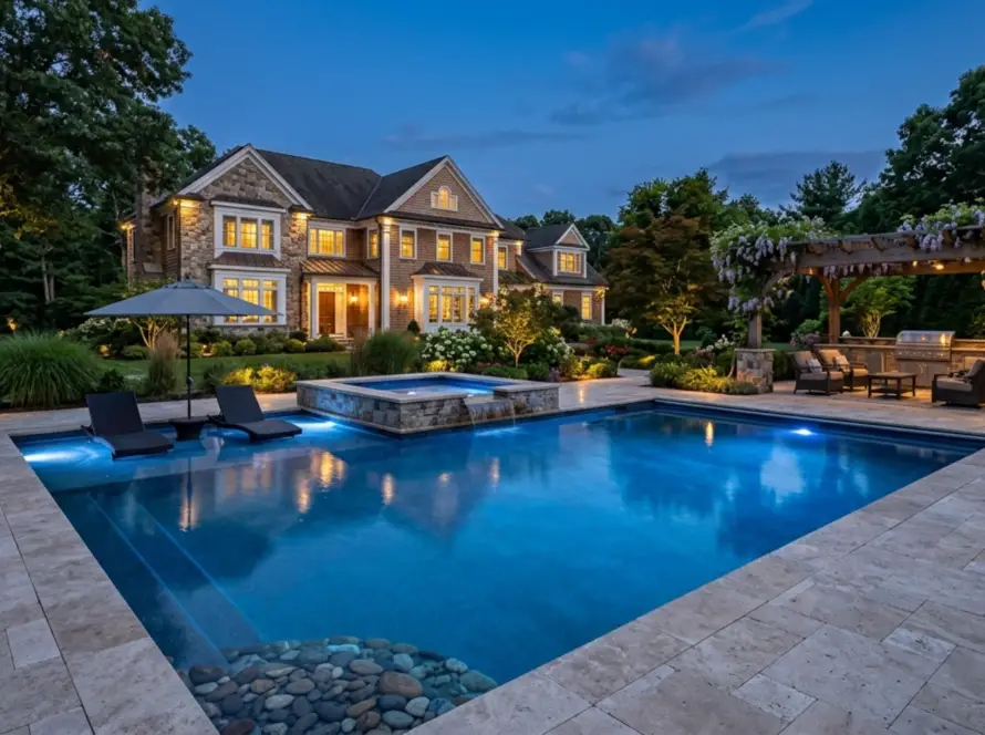 Inground pool cost Massachusetts - Colonial home with bluestone deck and hydrangeas