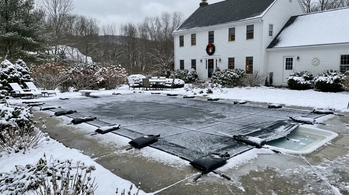 Inground pool covered with safety winter cover in Massachusetts
