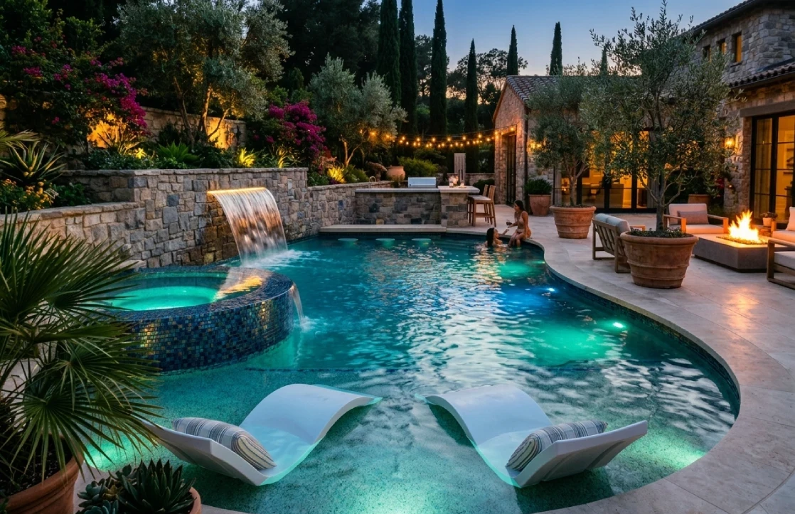 Luxury Tuscan-style inground pool with mosaic-tiled spa and waterfall, Essex County MA