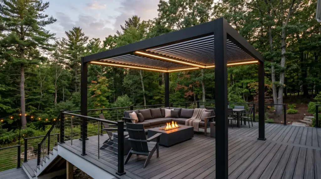 Modern black pergola composite deck Massachusetts LED lighting fire pit