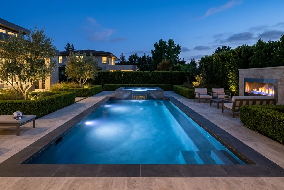 Modern gunite pool with fire pit and underwater LED lights