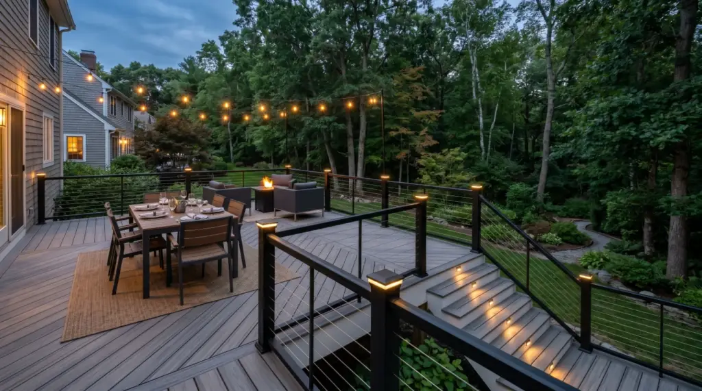 Multi-level composite deck cable railing LED stair lights dusk