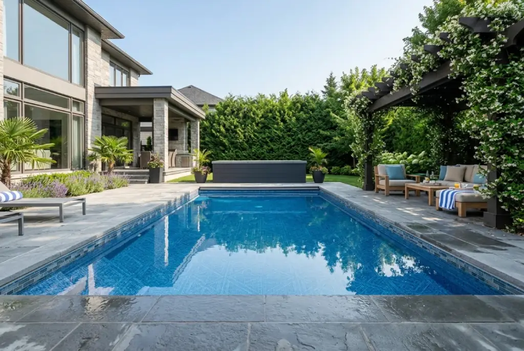 Rectangle fiberglass pool with wisteria pergola