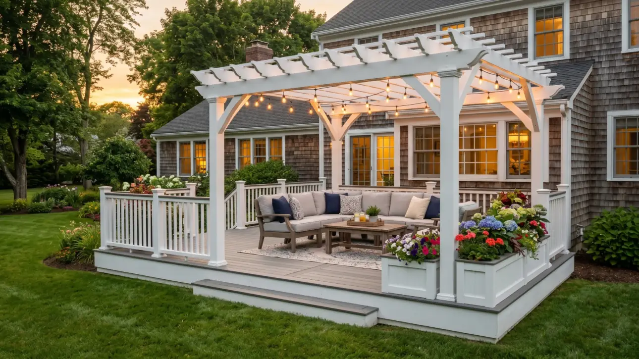 White pergola composite deck built-in planters string lights