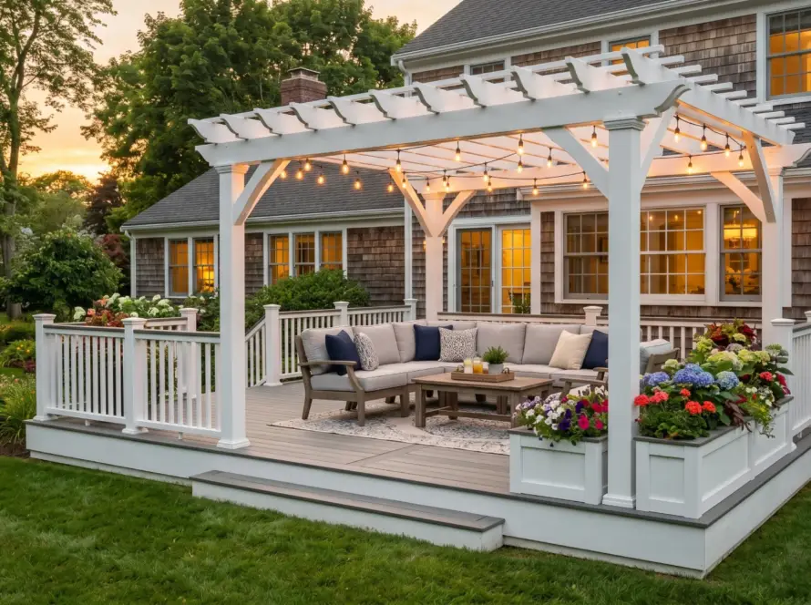 White pergola composite deck built-in planters string lights