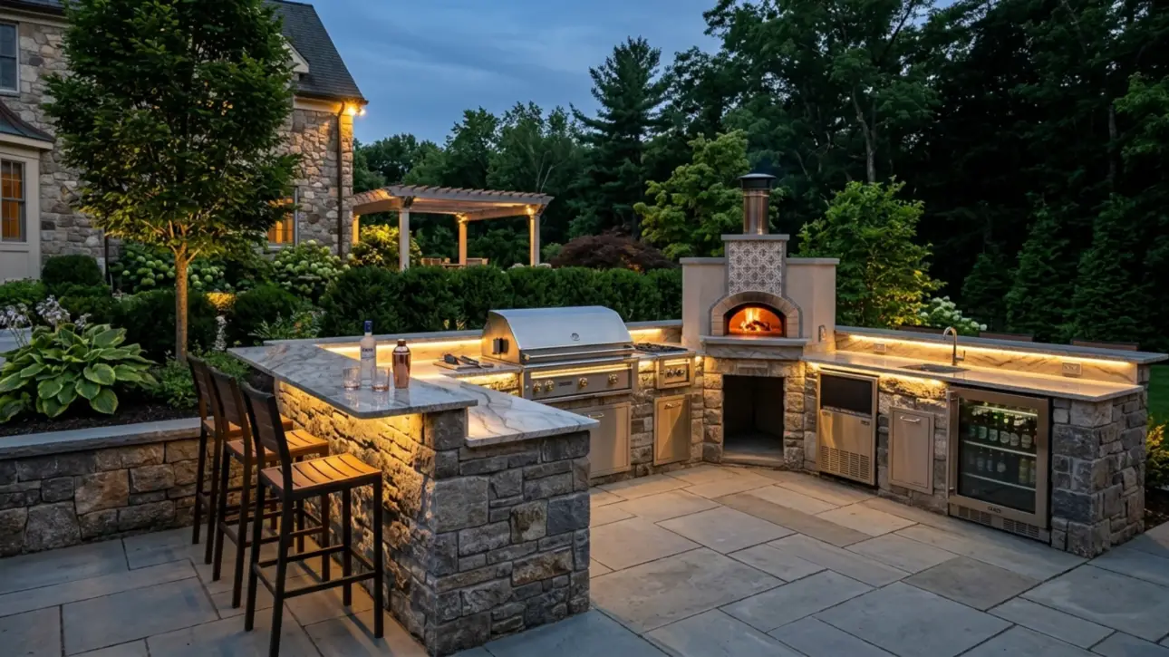 custom luxury outdoor kitchen pizza oven bar seating Massachusetts