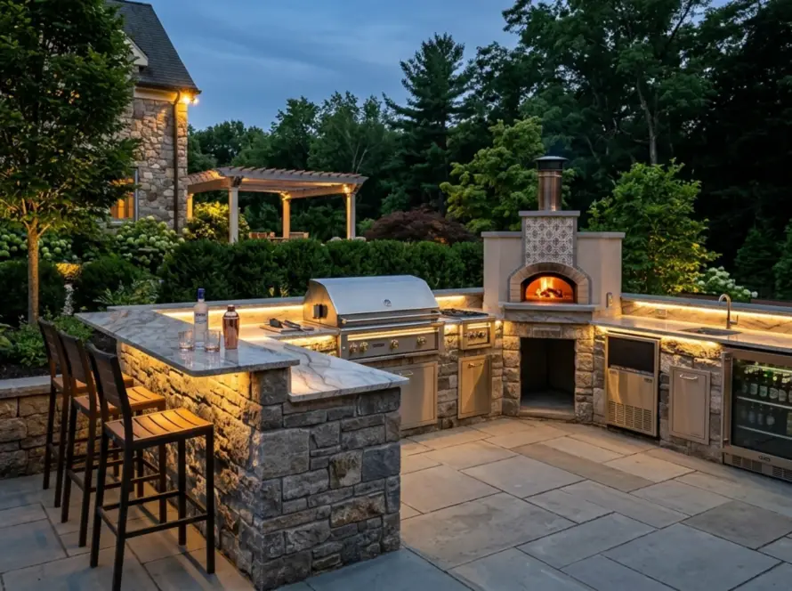 custom luxury outdoor kitchen pizza oven bar seating Massachusetts