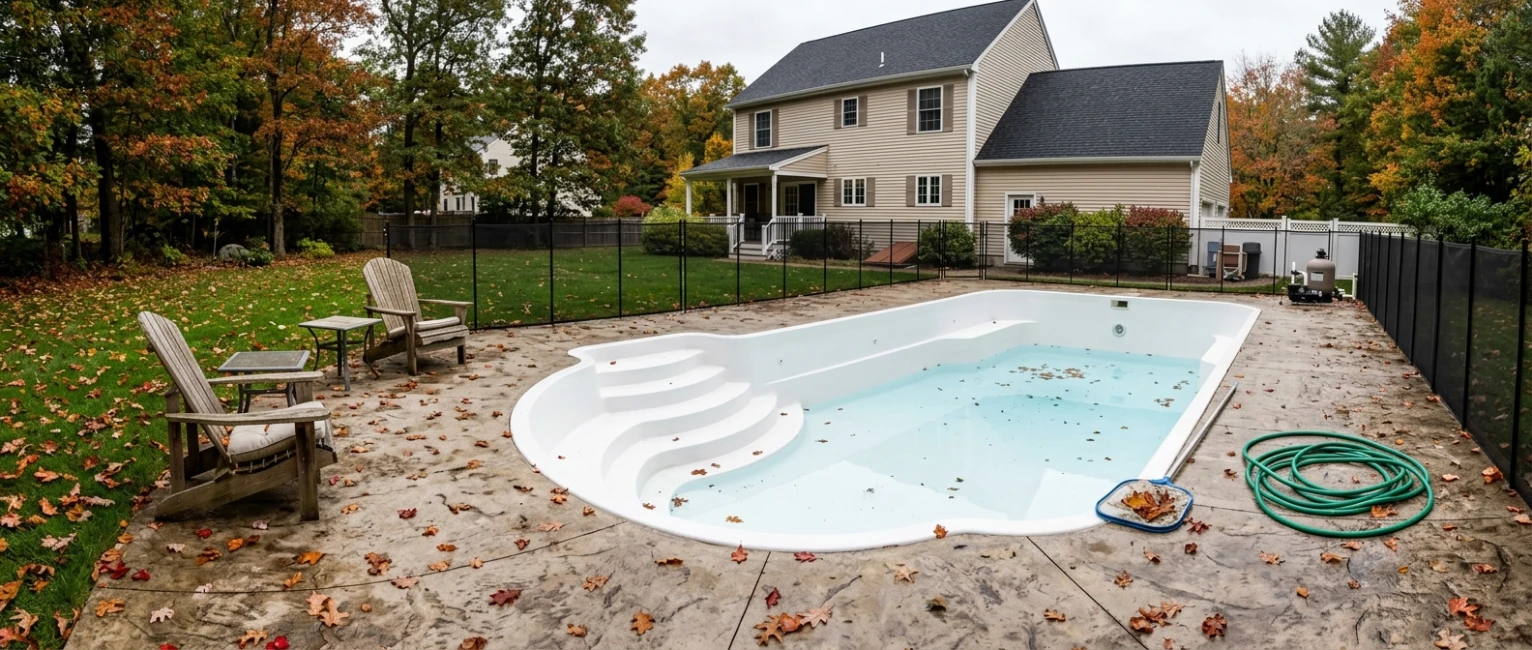 White fiberglass pool installed in a New England backyard