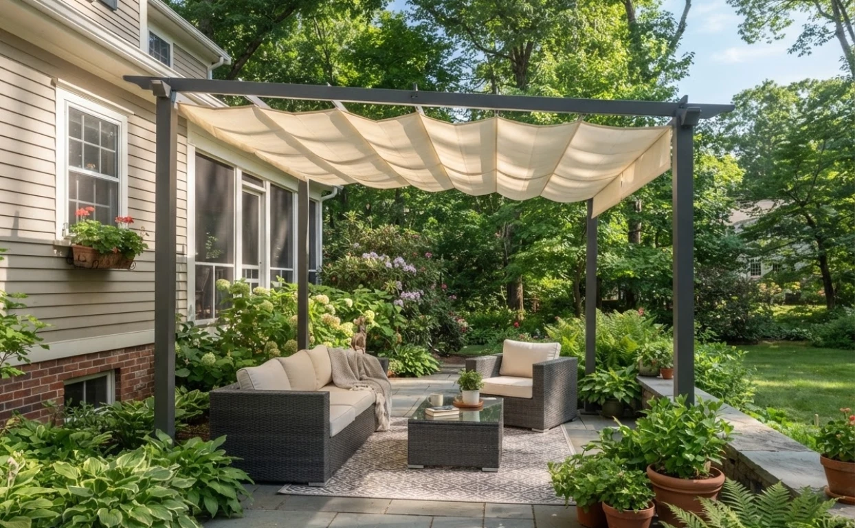 Aluminum pergola with partially extended retractable fabric canopy on backyard patio