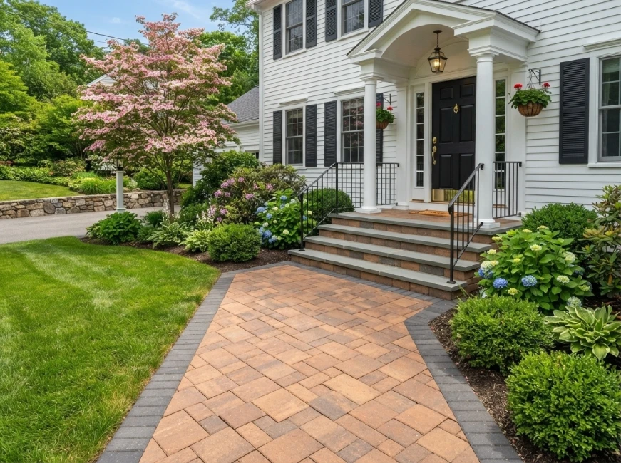 Brick paver herringbone walkway with granite steps, New England colonial