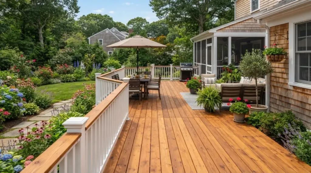 Cedar wood deck with garden dining furniture