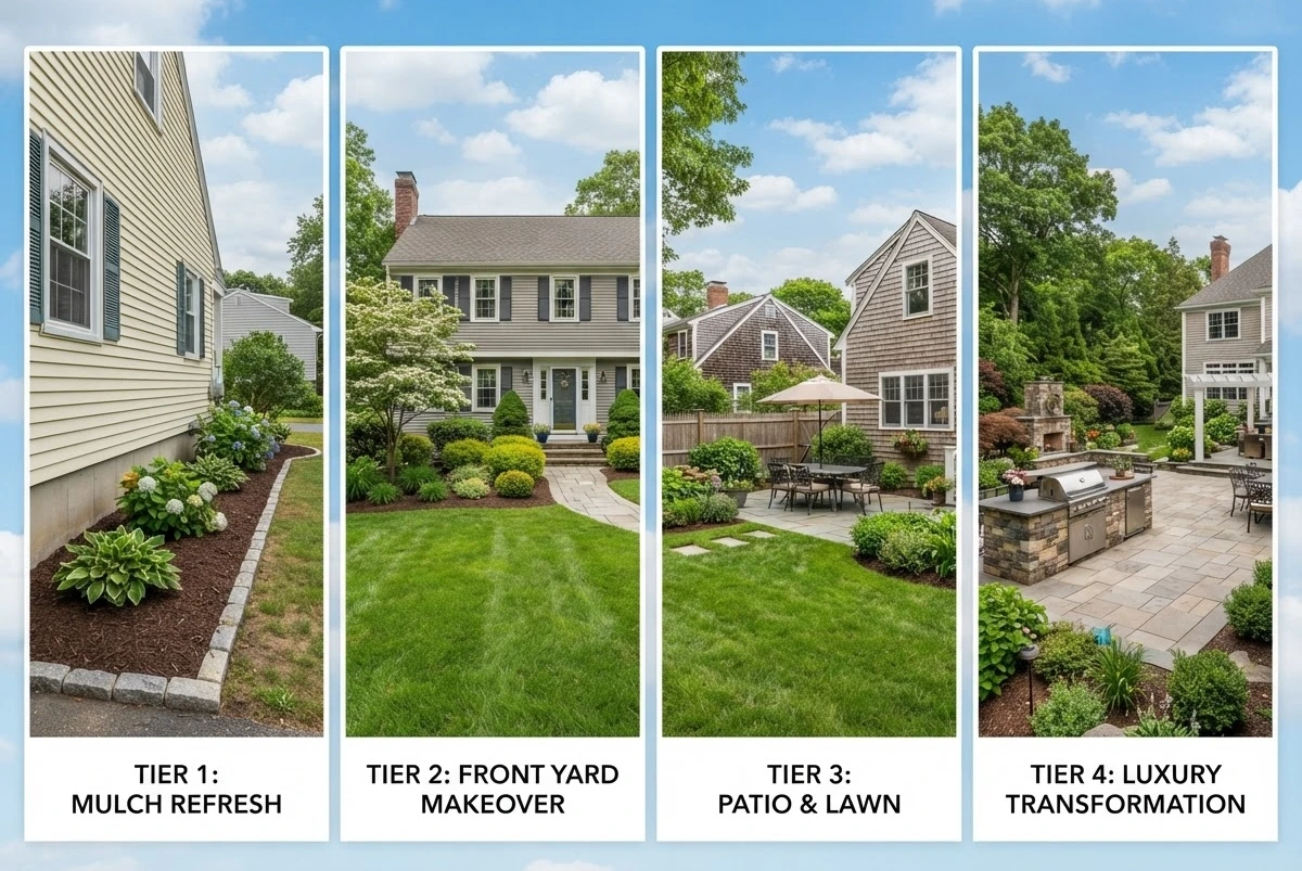 Comparison of four landscaping project tiers from mulch refresh to full backyard transformation in New England