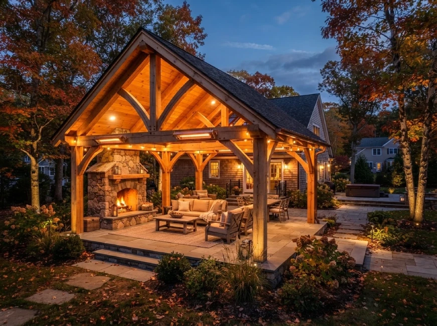 Completed timber frame pavilion with stone fireplace, infrared heaters, and landscape lighting at dusk