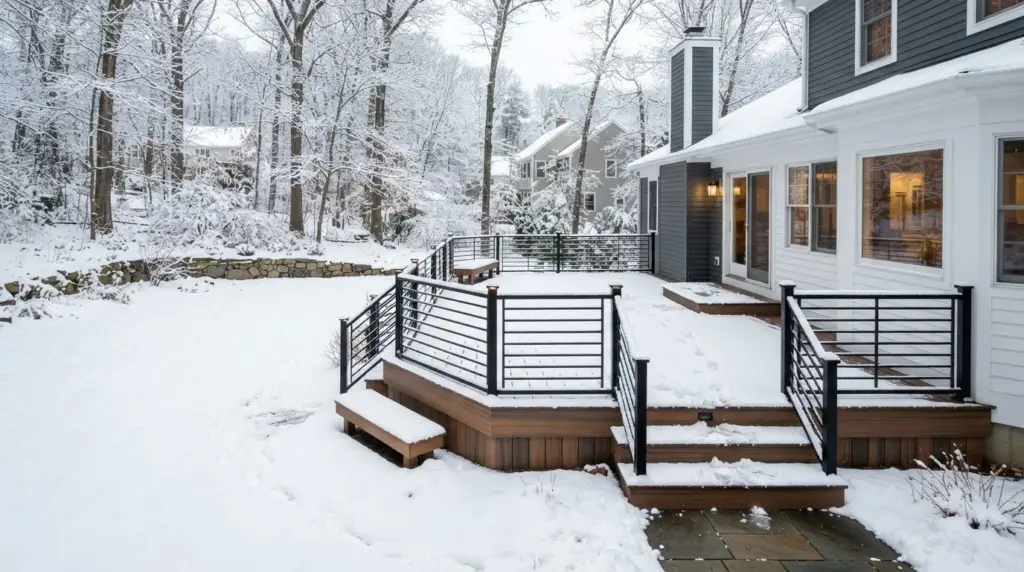 Composite deck covered in Massachusetts winter snow